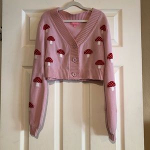 Sugar Thrillz (from Dolls Kill) Mushroom Crop Cardigan Set with knit crop tank